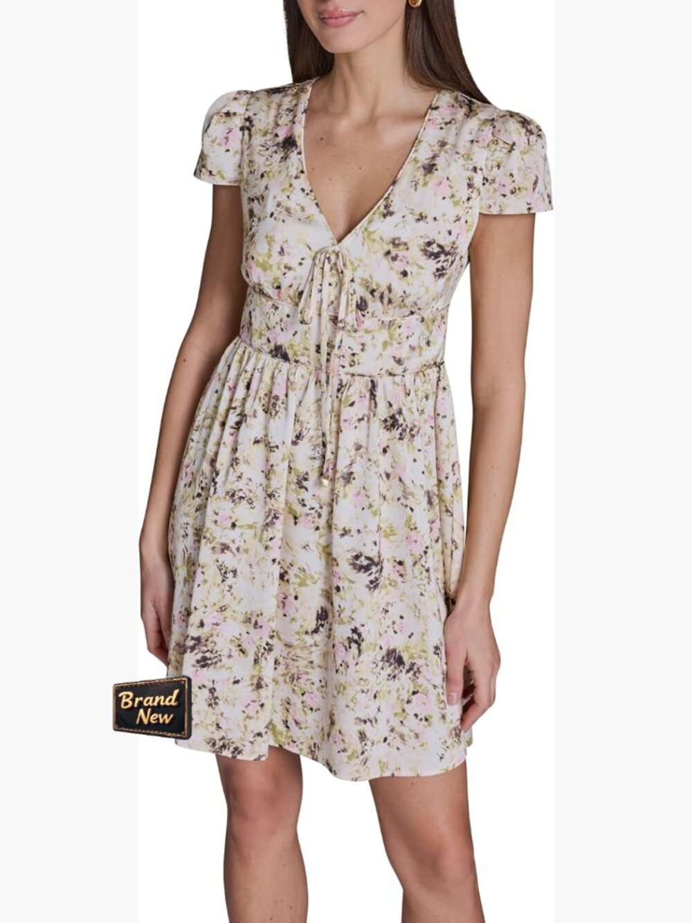 BCBG Women's Short Sleeve V Neck Floral Neck Tie A-line Dress